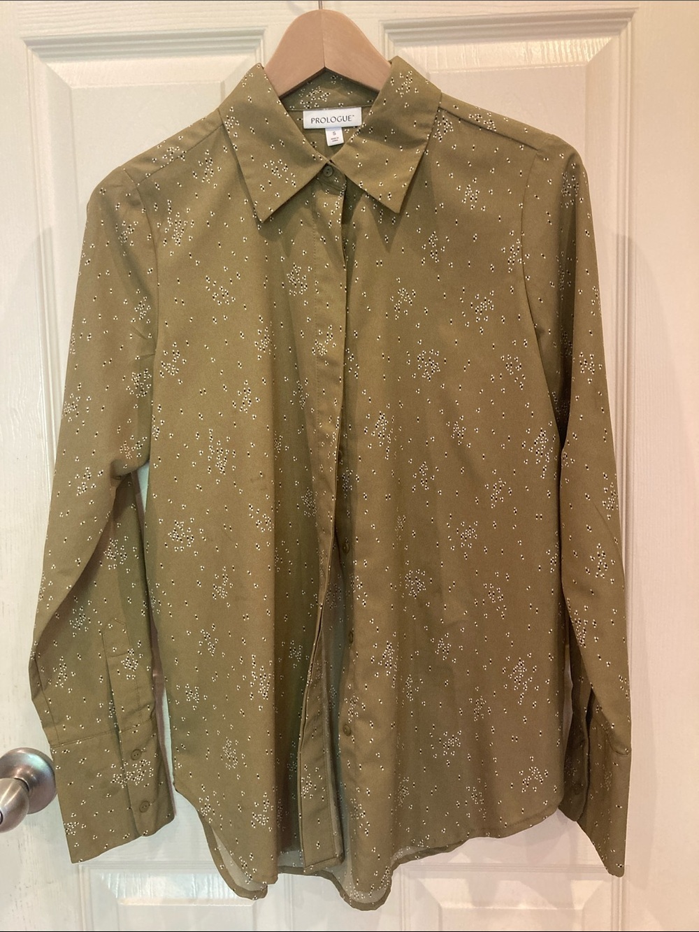 Prologue Olive Green Button-Up Shirt with Subtle Metallic Dots
